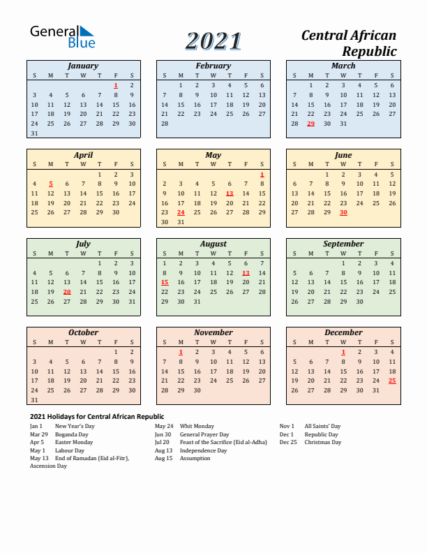 Central African Republic Calendar 2021 with Sunday Start