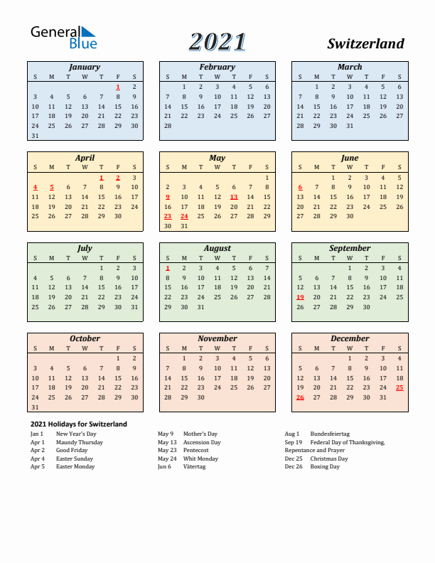 Switzerland Calendar 2021 with Sunday Start