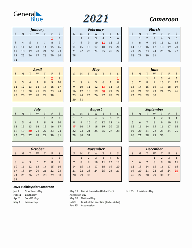 Cameroon Calendar 2021 with Sunday Start