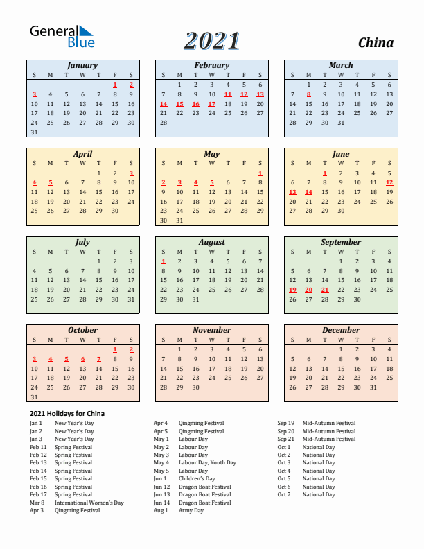 China Calendar 2021 with Sunday Start