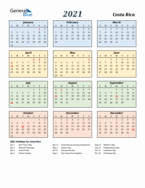 Costa Rica Calendar 2021 with Sunday Start
