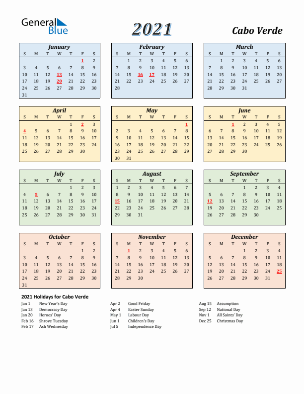 Cabo Verde Calendar 2021 with Sunday Start