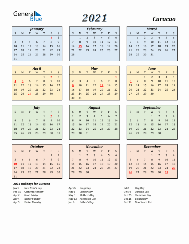 Curacao Calendar 2021 with Sunday Start