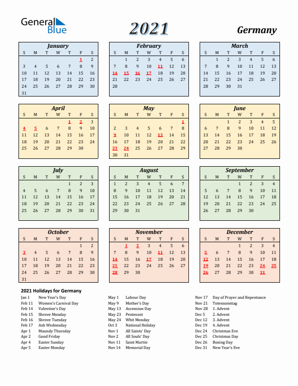 Germany Calendar 2021 with Sunday Start