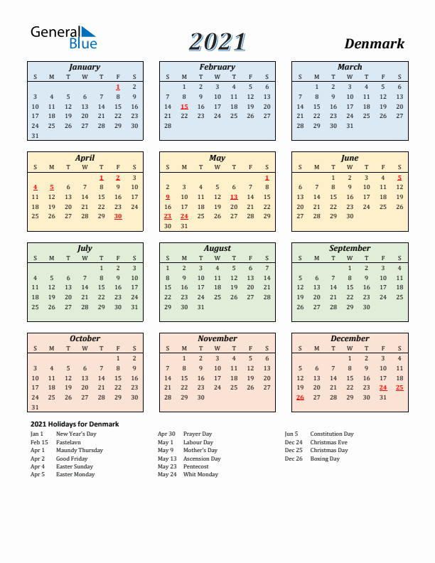 Denmark Calendar 2021 with Sunday Start