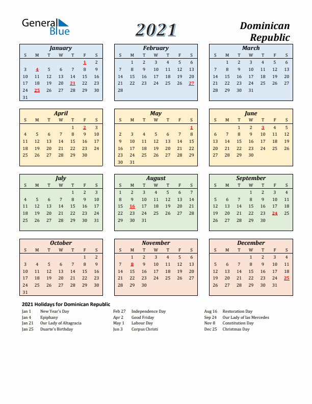 Dominican Republic Calendar 2021 with Sunday Start