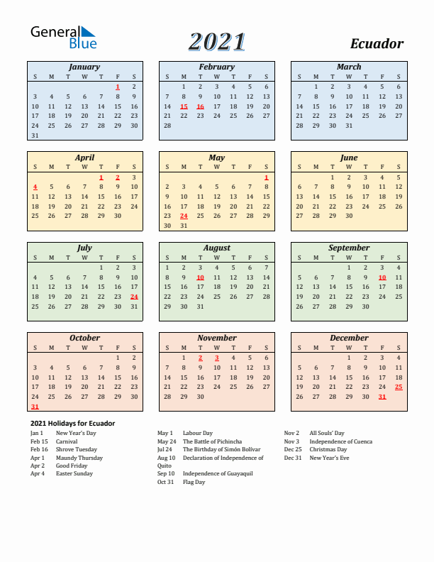 Ecuador Calendar 2021 with Sunday Start