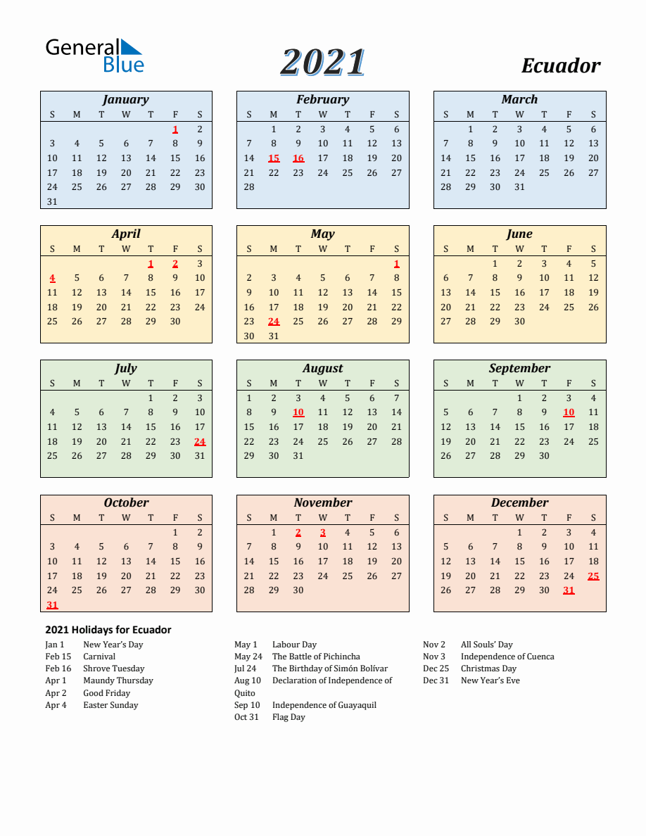 2021 Ecuador Calendar with Sunday Start