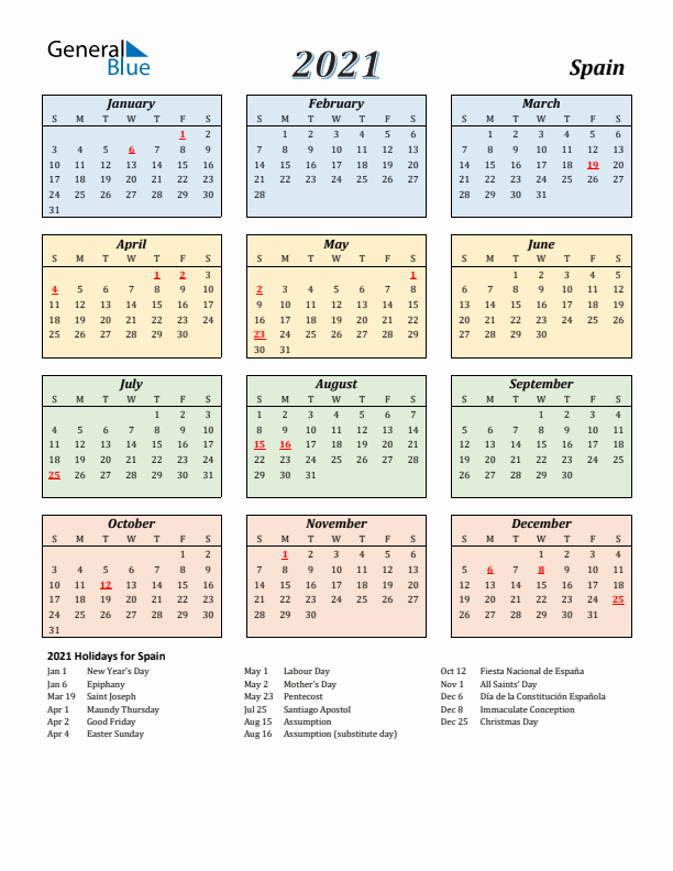 Spain Calendar 2021 with Sunday Start