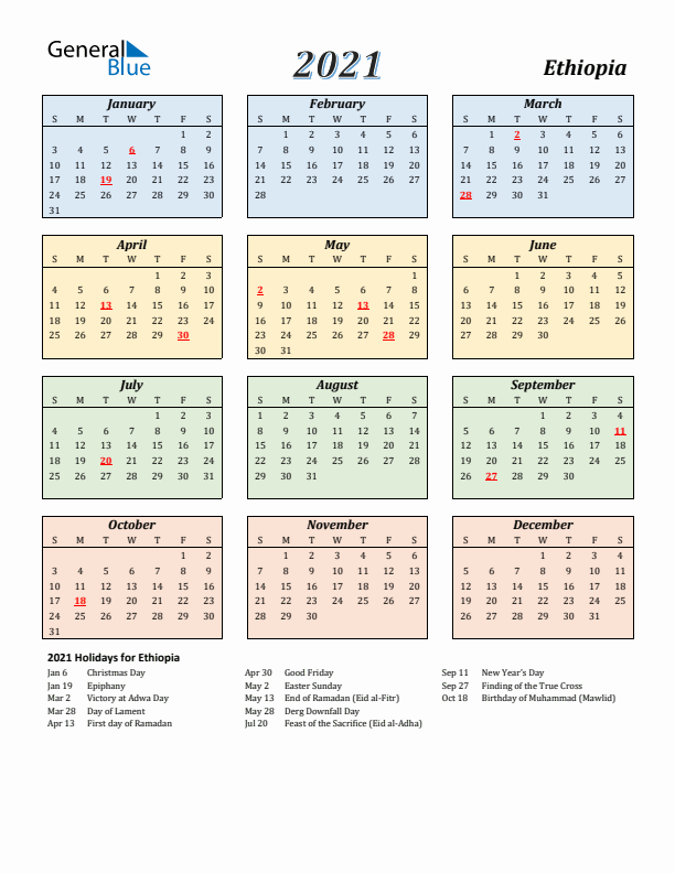 Ethiopia Calendar 2021 with Sunday Start