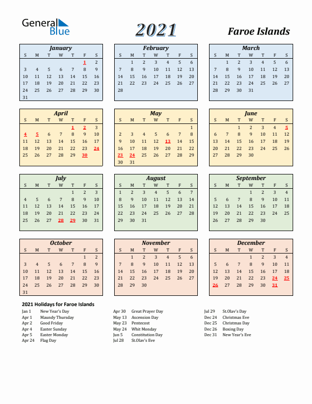 Faroe Islands Calendar 2021 with Sunday Start