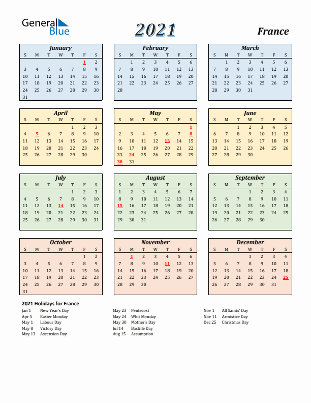 France Calendar 2021 with Sunday Start