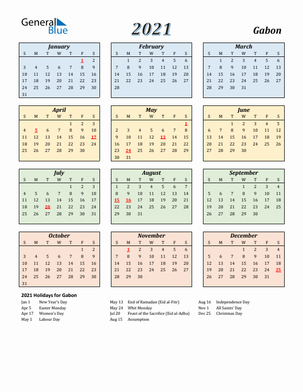 Gabon Calendar 2021 with Sunday Start