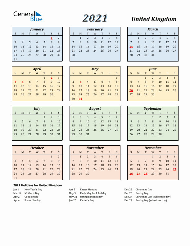United Kingdom Calendar 2021 with Sunday Start