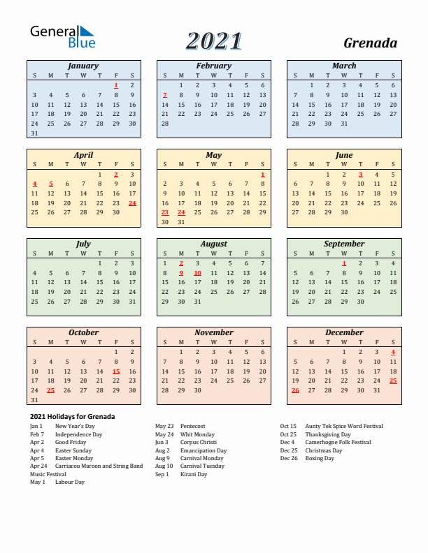 Grenada Calendar 2021 with Sunday Start