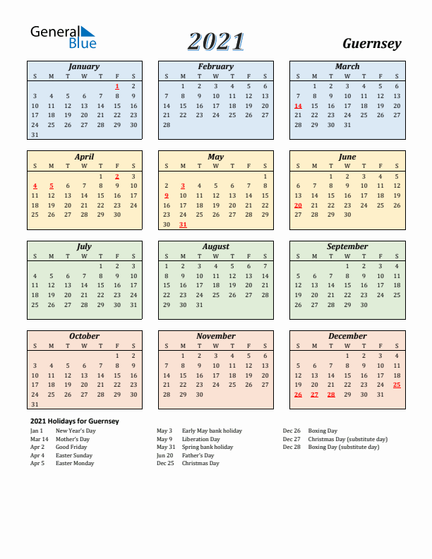 Guernsey Calendar 2021 with Sunday Start