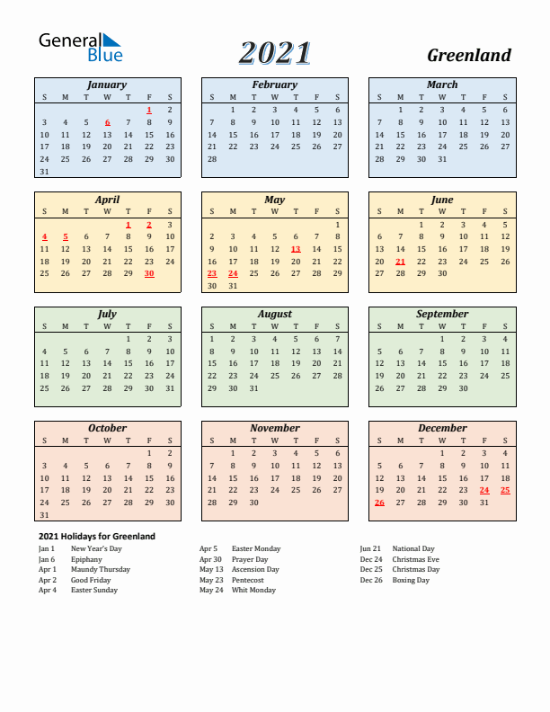 Greenland Calendar 2021 with Sunday Start