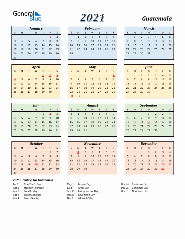 Guatemala Calendar 2021 with Sunday Start