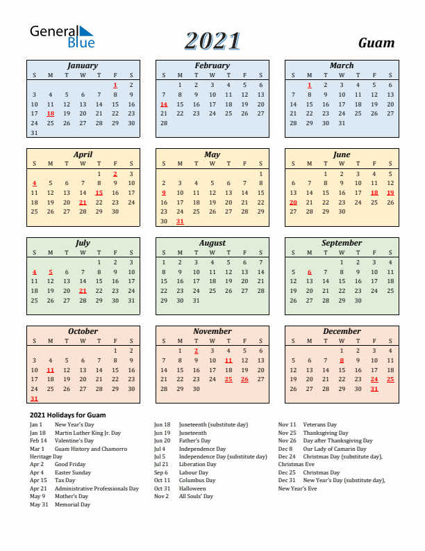 Guam Calendar 2021 with Sunday Start