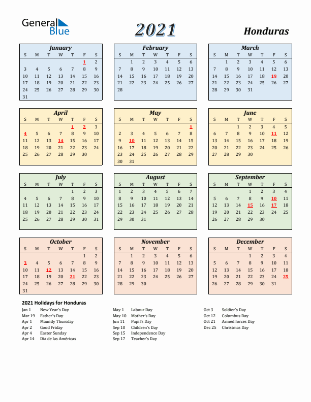 Honduras Calendar 2021 with Sunday Start