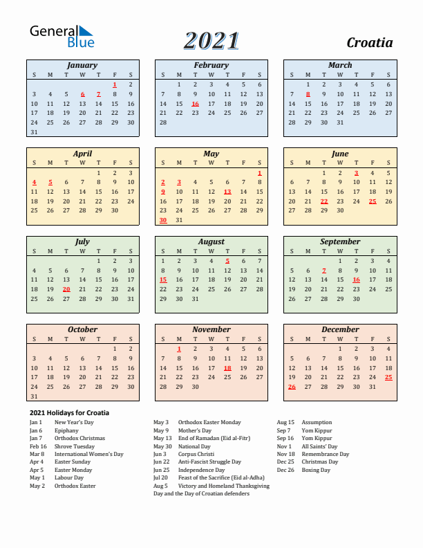 Croatia Calendar 2021 with Sunday Start
