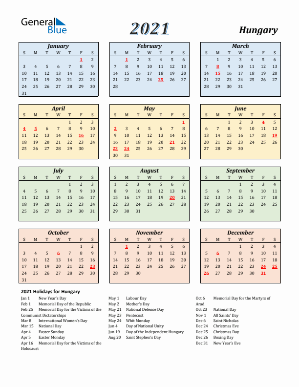 Hungary Calendar 2021 with Sunday Start