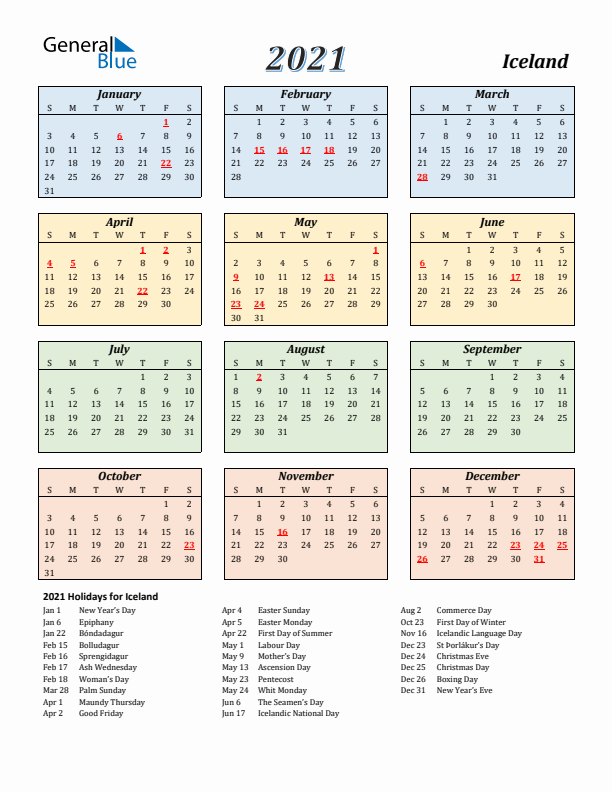 Iceland Calendar 2021 with Sunday Start
