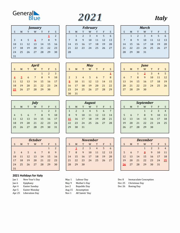Italy Calendar 2021 with Sunday Start