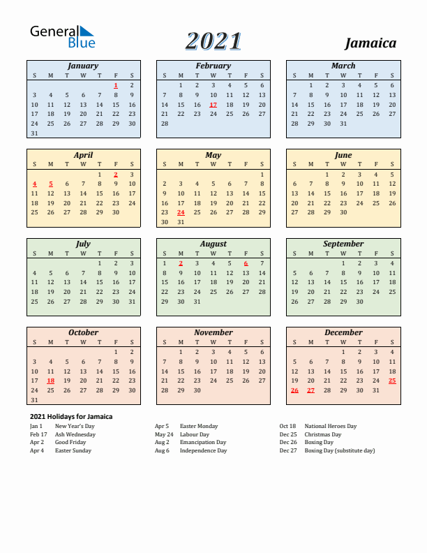 Jamaica Calendar 2021 with Sunday Start