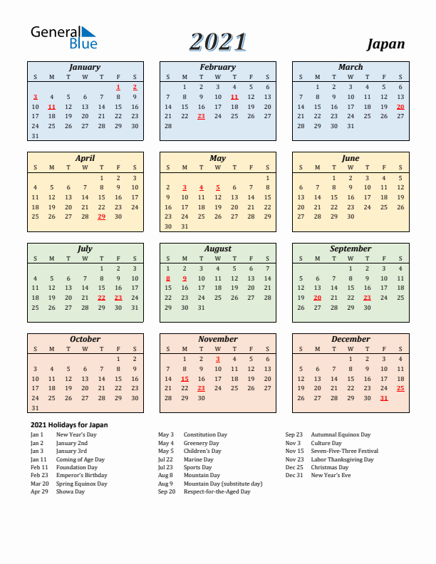 Japan Calendar 2021 with Sunday Start