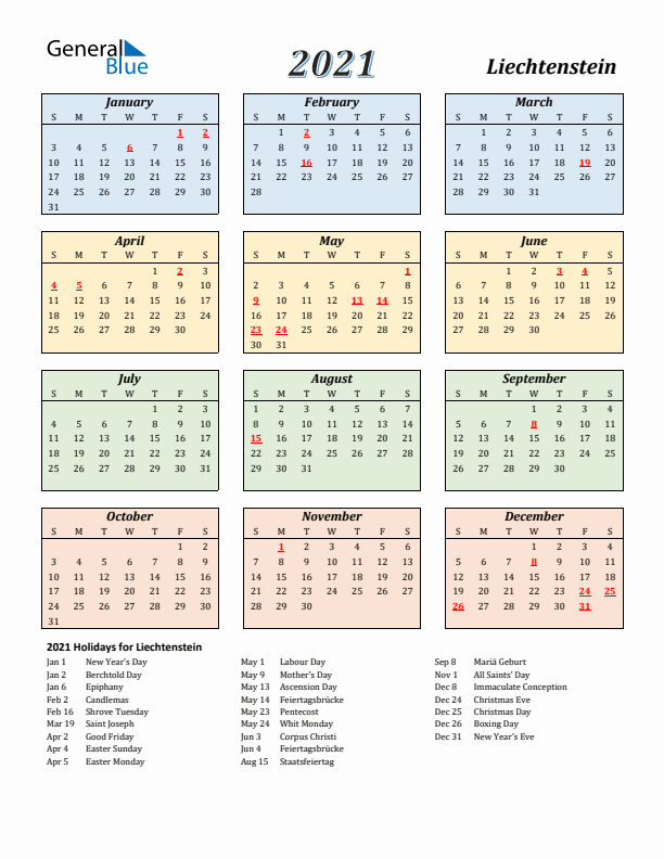 Liechtenstein Calendar 2021 with Sunday Start