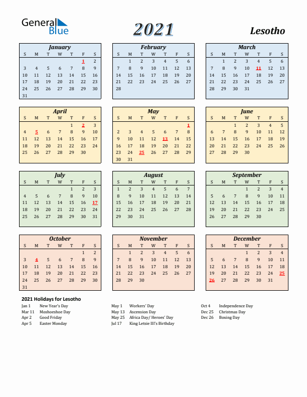 Lesotho Calendar 2021 with Sunday Start