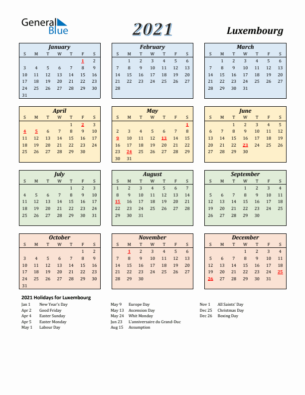 Luxembourg Calendar 2021 with Sunday Start