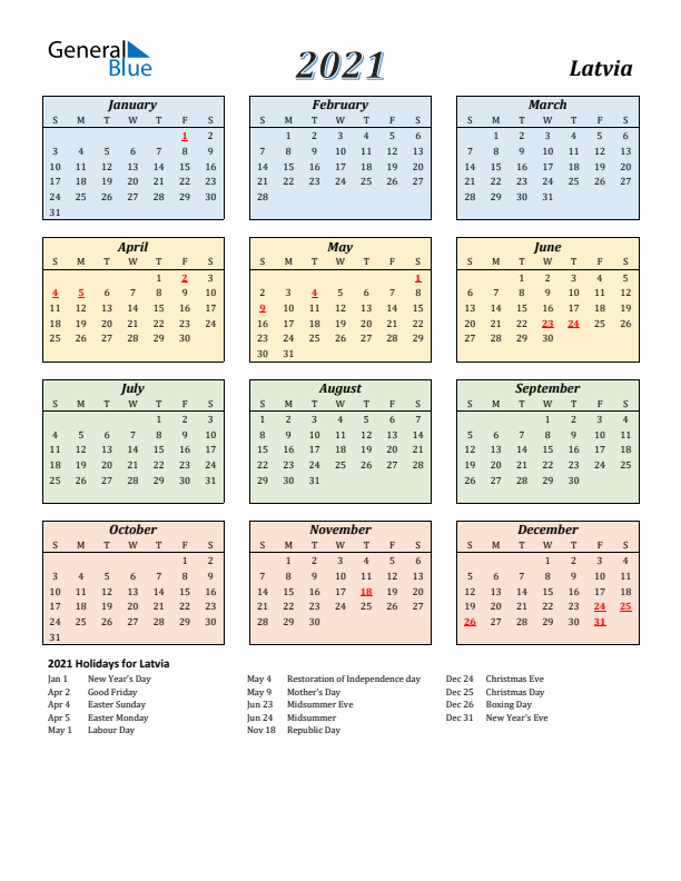Latvia Calendar 2021 with Sunday Start
