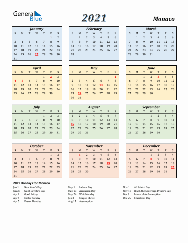 Monaco Calendar 2021 with Sunday Start