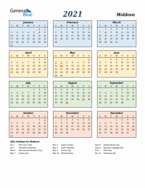 Moldova Calendar 2021 with Sunday Start