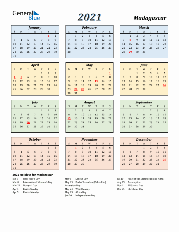 Madagascar Calendar 2021 with Sunday Start