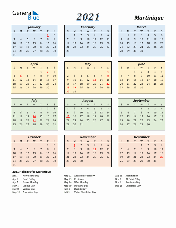 Martinique Calendar 2021 with Sunday Start