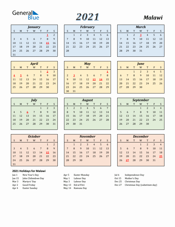 Malawi Calendar 2021 with Sunday Start