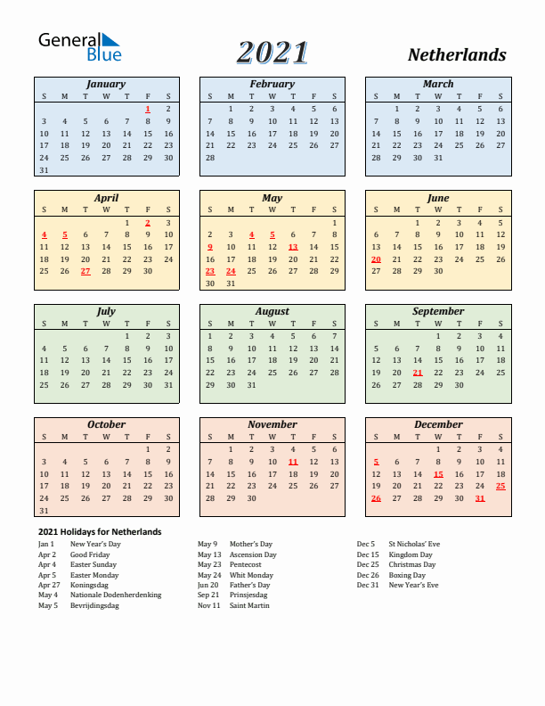 Netherlands Calendar 2021 with Sunday Start