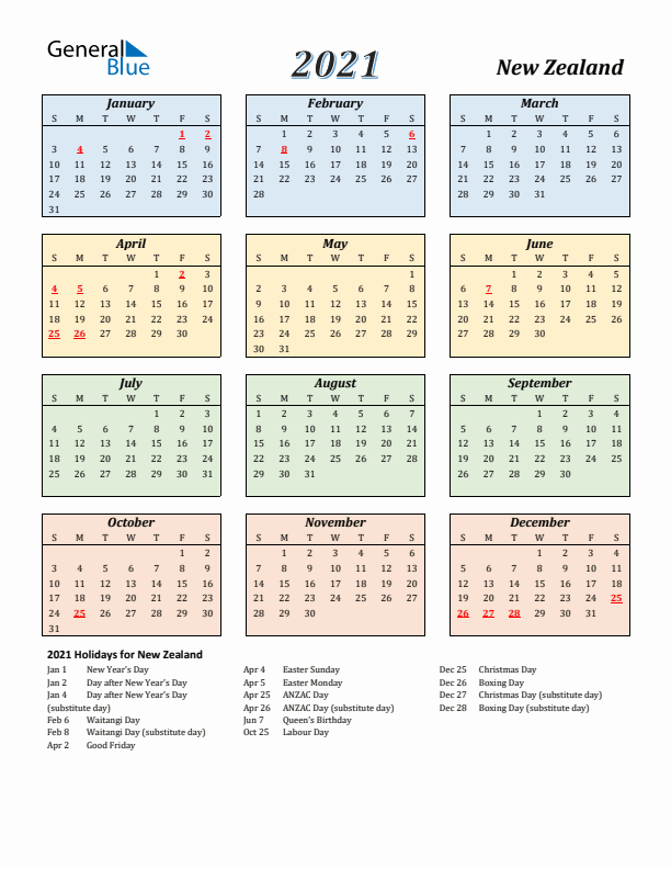 New Zealand Calendar 2021 with Sunday Start