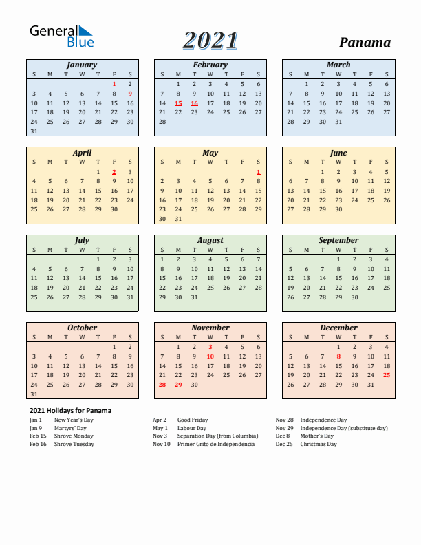 Panama Calendar 2021 with Sunday Start