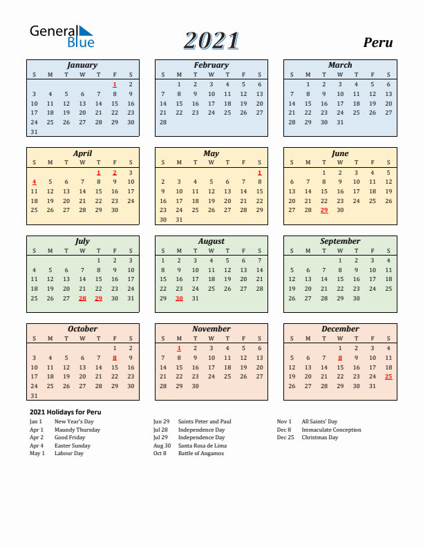 Peru Calendar 2021 with Sunday Start
