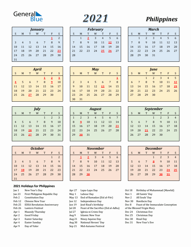 2021 Philippines Quarterly Calendar With Holidays Free Printable Images