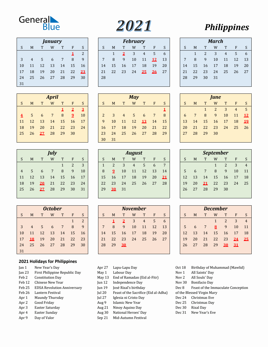 2021 Philippines Calendar with Sunday Start