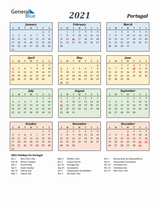 Portugal Calendar 2021 with Sunday Start