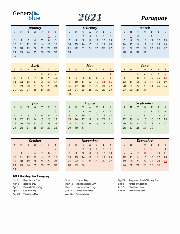 Paraguay Calendar 2021 with Sunday Start