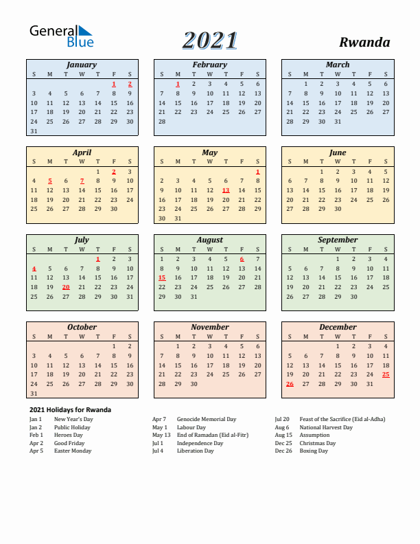 Rwanda Calendar 2021 with Sunday Start