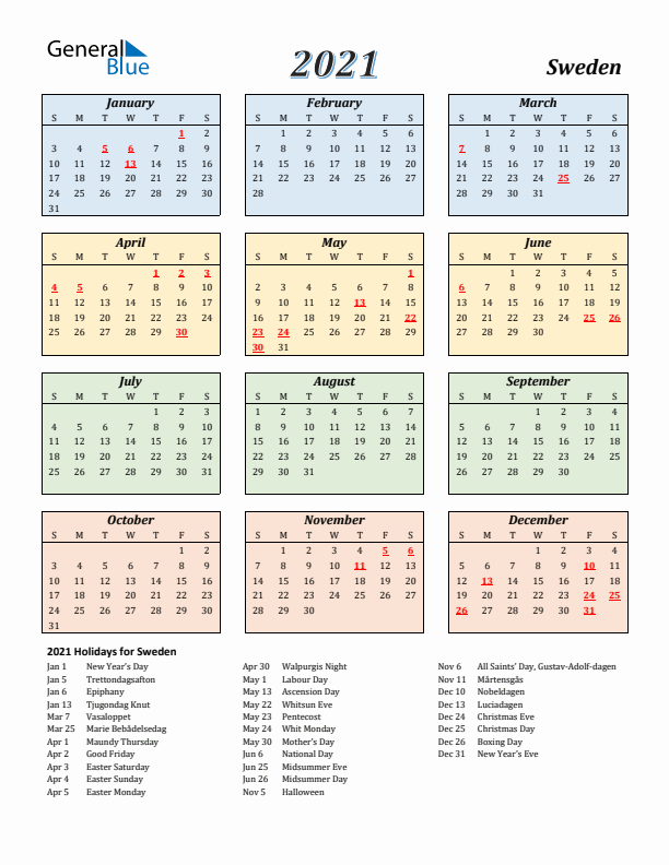 Sweden Calendar 2021 with Sunday Start