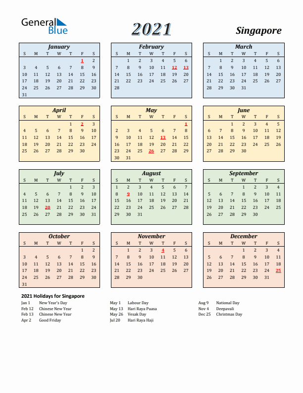 Singapore Calendar 2021 with Sunday Start
